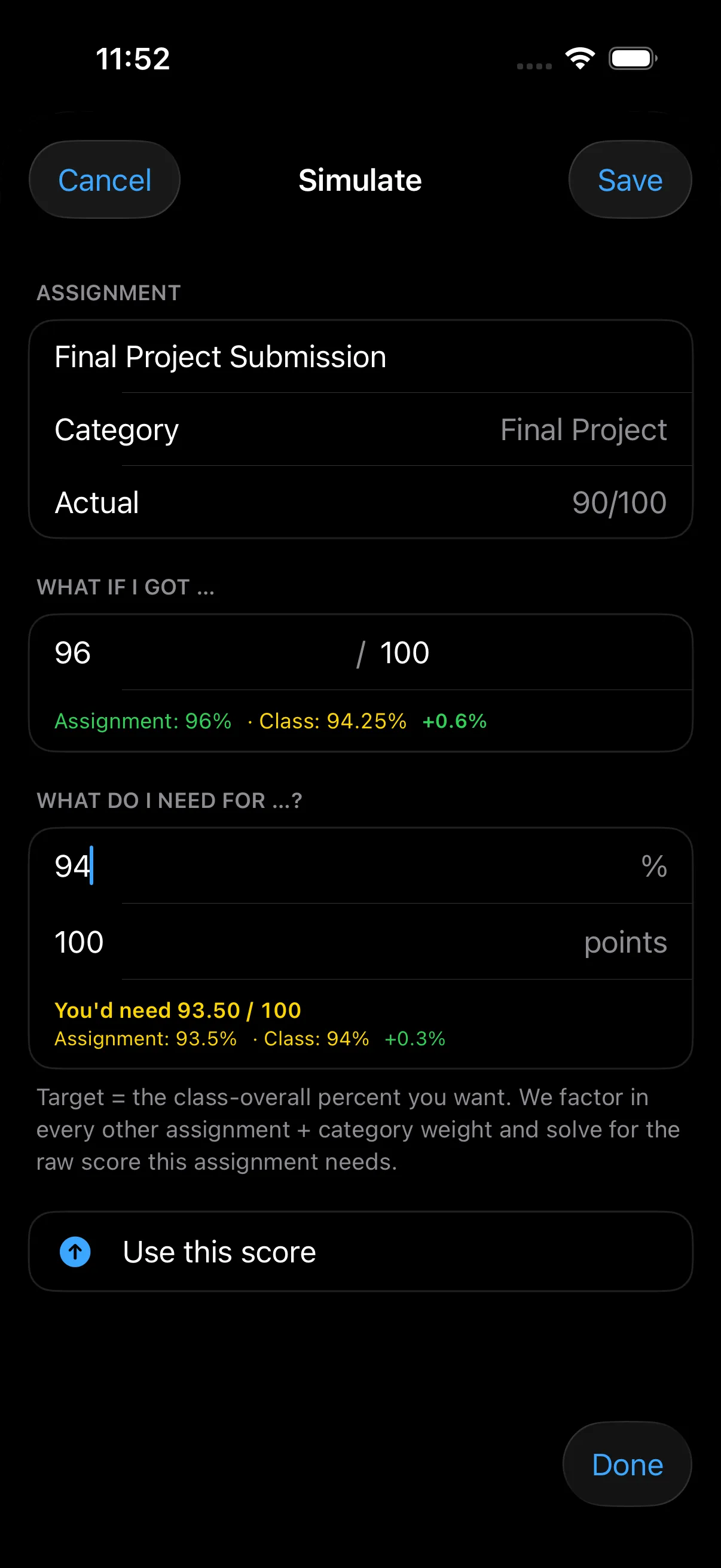 Scholr Calc Mode simulating a grade