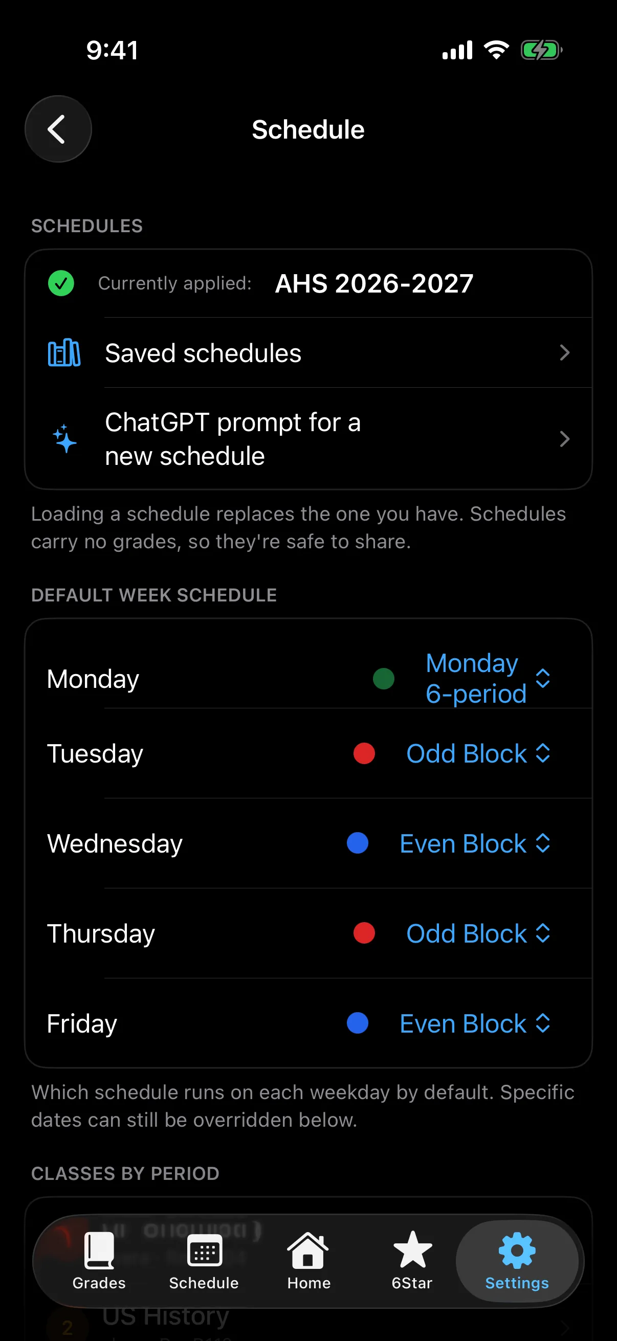Scholr settings and schedule customization