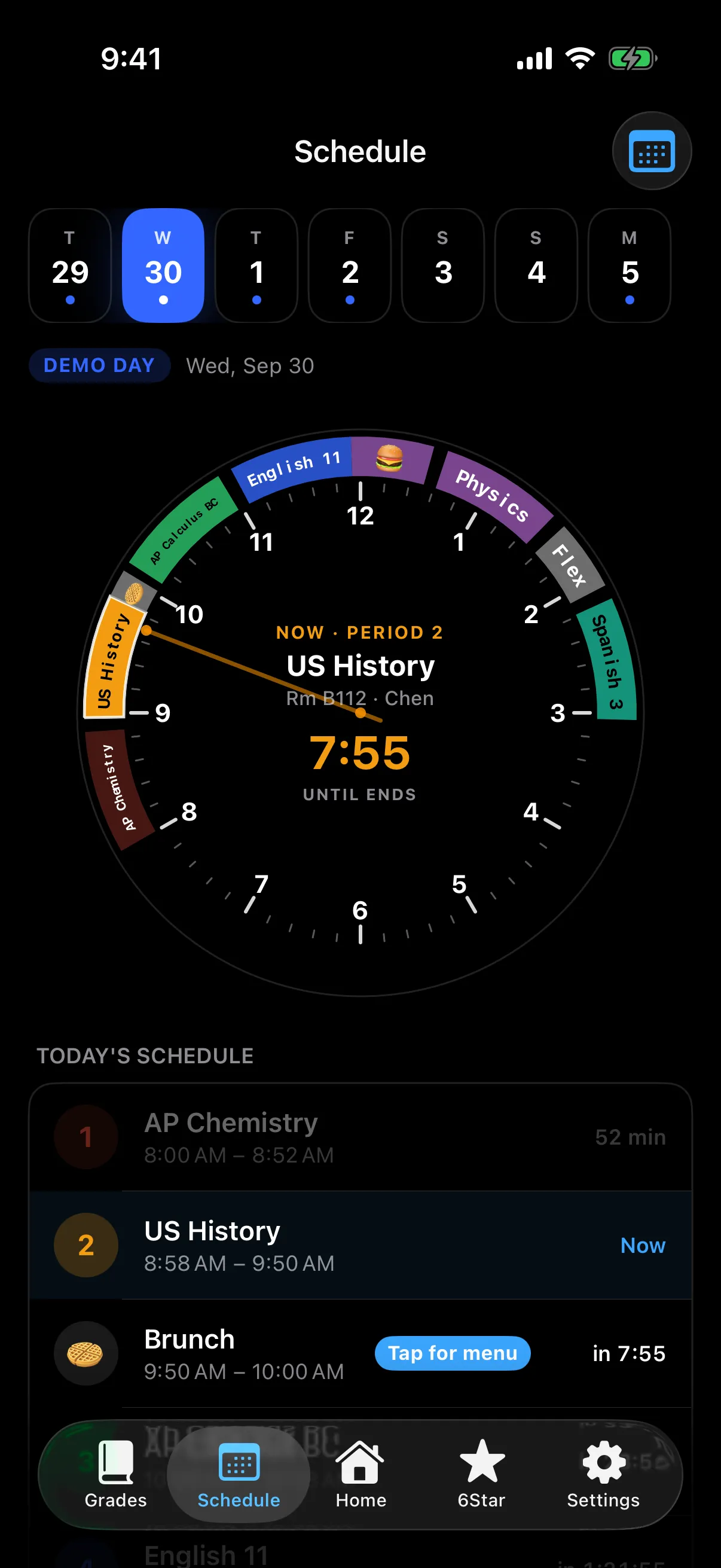Scholr schedule shown as a clock-face dial